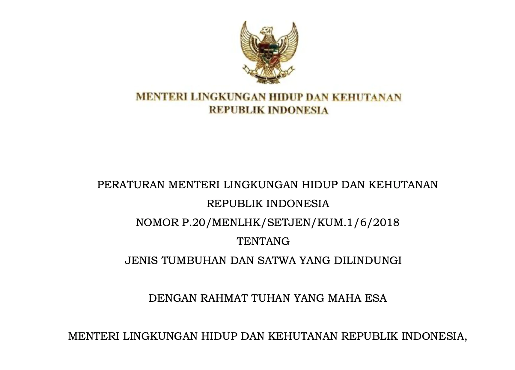 Peraturan Menteri Lingkungan Hidup dan Kehutanan Nomor P106 Tahun 2018