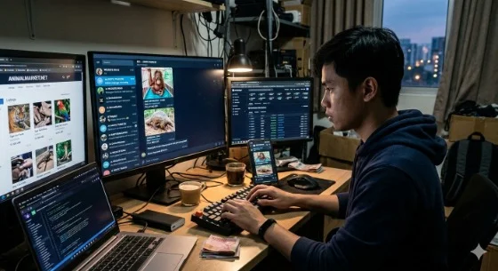 Ilustrasi perjual-belian satwa liar secara digital Foto Gemini AI - Perdagangan Satwa Liar Ilegal Transformasi ke Ranah D...