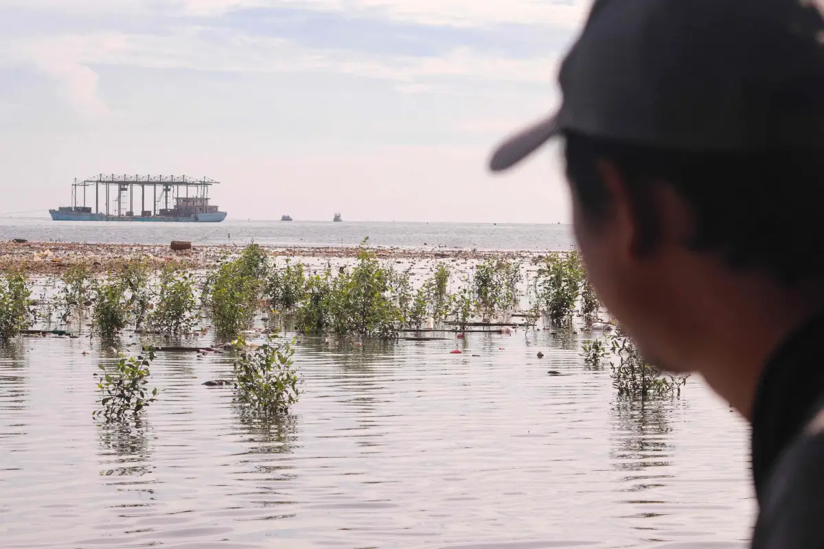 Seorang peserta pengamatan menatap “pulau sampah” yang kini mulai ditumbuhi vegetasi di perairan Muara Angke. Menurut penuturan pemandu perahu, daratan sampah ini muncul sekitar sembilan tahun lalu, tak lama setelah proyek reklamasi PIK rampung.